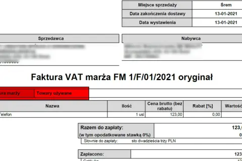 Faktura VAT marża co oznacza dla kupującego: zakup używanego telefonu za 123 zł. Brak naliczonego VAT.