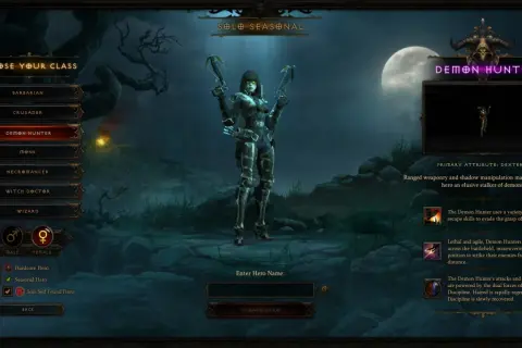 Wybór klasy Łowcy demonów w Diablo 3. Postać z łukami, gotowa do walki.