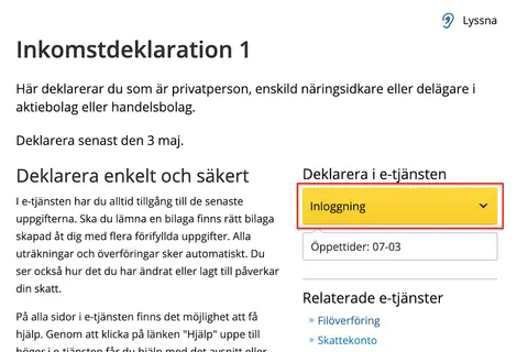 Här ser du hur deklarerar man sin inkomstdeklaration. Klicka på "Inloggning" för att komma igång.