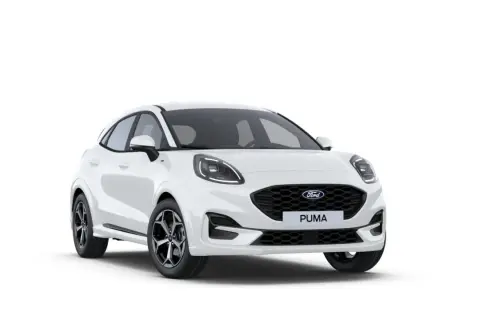 Vit Ford Puma Hybrid Automat, en modern SUV med sportig design.