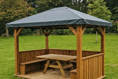 Gazebo in legno fai da te con tavolo e panche, perfetto per godersi il giardino.