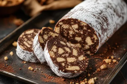 Salame dolce con cacao, un rotolo di cioccolato e biscotti sbriciolati, spolverato di zucchero a velo, pronto per essere gustato.