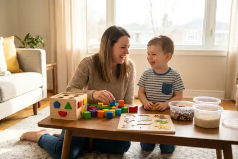 Mama i synek śmieją się, bawiąc kolorowymi klockami i sorterem kształtów. To wspaniałe zabawki stymulujące rozwój dziecka.