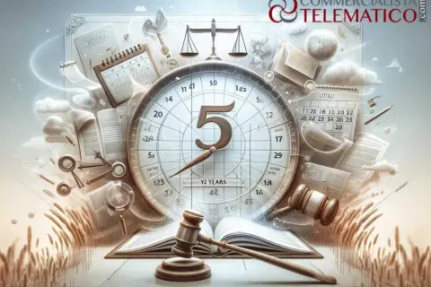 Orologio con numero 5, bilancia della giustizia, martelletto e documenti legali. Simboleggia la prescrizione accertamento vendita immobile e i tempi della giustizia.