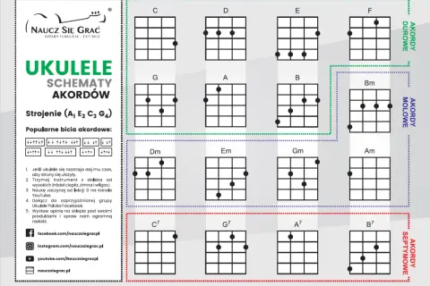 Schematy akordów na ukulele: C, D, E, F, G, A, B, Bm, Dm, Em, Gm, Am, C7, G7, A7, B7. Idealne do nauki piosenki!
