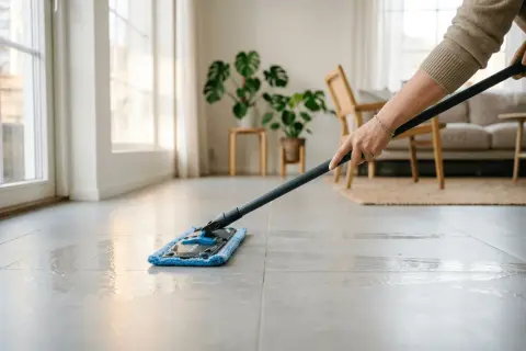 Eine Person reinigt mit einem Mopp den Boden. Die grauen Bodenfliesen glänzen nach der Reinigung.