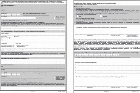 Formularz wniosku o świadczenia z funduszu alimentacyjnego. Wypełnij dane osoby uprawnionej, szkoły i oświadczenia.
