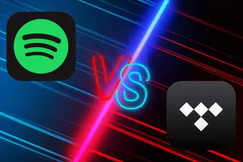 Logo Spotify i Tidal obok siebie, z napisem "VS" pośrodku, na tle neonowych linii.