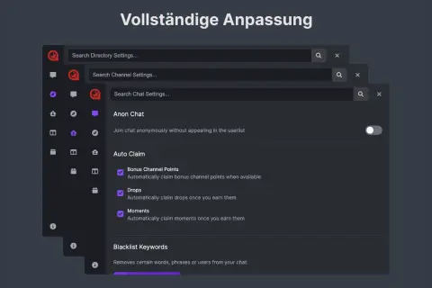 Einstellungen für ein besseres Twitch TV-Erlebnis: Anonym im Chat, Auto-Claim für Punkte, Drops & Momente, Blacklist.