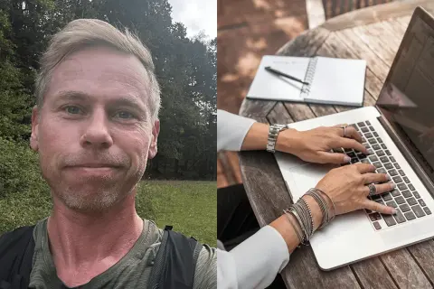 Man i naturen och händer som skriver på laptop. Detta visar vad frilansare betyder: frihet att arbeta var som helst.