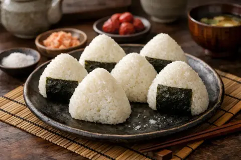 Sju onigiri, risbollar med nori, ligger på en tallrik. Perfekt för en snabb måltid, med tanke på ris koktid.