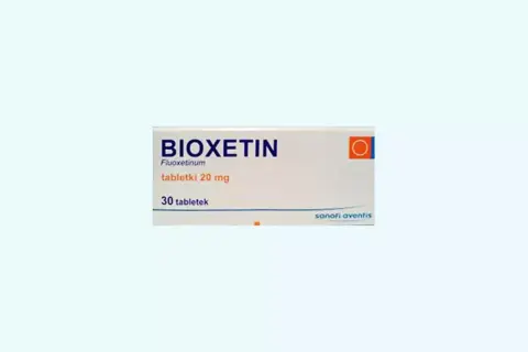 Opakowanie leku BIOXETIN, zawierającego 30 tabletek po 20 mg fluoksetyny. To lek, który może pomóc w leczeniu depresji, podobnie jak seronil.