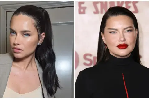 Adriana Lima, icónica modelo, luce radiante en dos estilos: uno con coleta alta y blazer, y otro con labios rojos intensos y pendientes de rubí, evocando su estilo de los 2000.