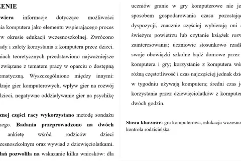 Streszczenie pracy o grach komputerowych w edukacji wczesnoszkolnej. Analiza wpływu na dzieci, badania, bibliografia strony internetowe.