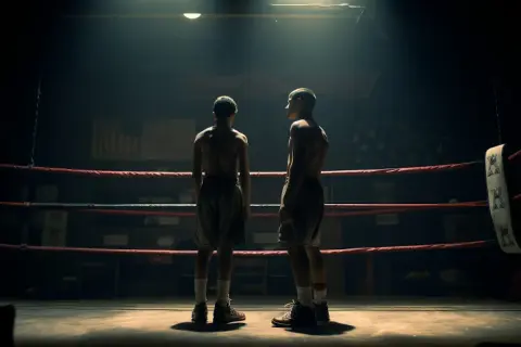Two young boxers stand in a dimly lit ring, ready for their boxing strength and conditioning training.