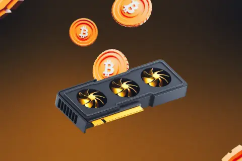 Carte graphique avec ventilateurs dorés, entourée de pièces de Bitcoin. La puissance en C pour le minage de cryptomonnaies.