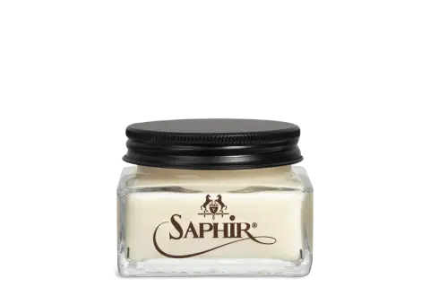 Crème pour le cuir napa Saphir dans un pot en verre avec un couvercle noir.