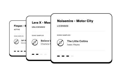 Three music cards show song titles and sampling status. One card, "Noisemire - Motor City," is licensed. Another, "Lava X - Mass," is unlicensed. The third, "Fimpen - S," is active. This visual helps understand how to clear a sample.