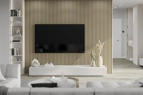 Nowoczesny salon z telewizorem na tle lameli. Dowiedz się, jak zamontować lamele na filcu, by stworzyć taką aranżację.