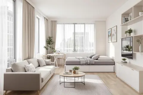 Jak urządzić pokój dzienny z sypialnią 20m2: jasna sofa, łóżko, stolik kawowy i TV.