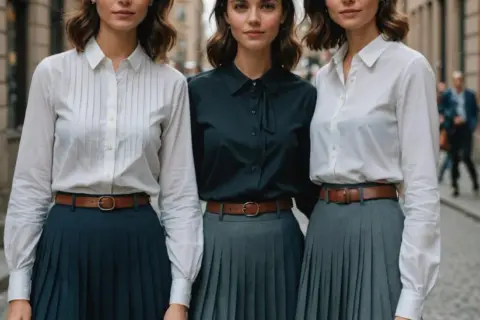 Trzy kobiety prezentują stylizacje: białe i czarne koszule z brązowymi paskami do plisowanych spódnic. Idealna inspiracja, jaka bluzka do plisowanej spódnicy.