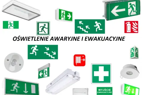 Znaki oświetlenia ewakuacyjnego, gdzie jest wymagane, wskazują drogi ucieczki i bezpieczeństwo.