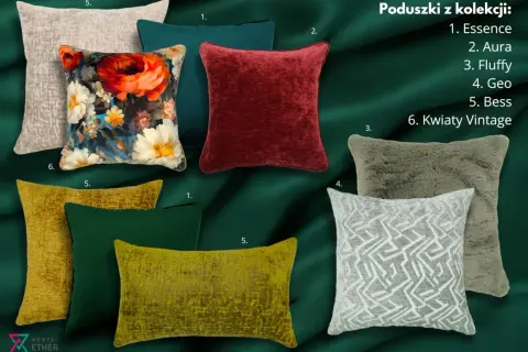 Kolekcja poduszek: od kwiatowych po gładkie, idealne do zielonej kanapy. Znajdziesz tu poduszki w odcieniach zieleni, złota, beżu, czerwieni i szarości.