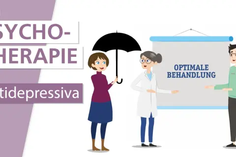 Illustration zeigt eine Frau mit Regenschirm, eine Ärztin und einen Mann vor einer Tafel mit "Optimale Behandlung". Psychotherapie und Antidepressiva als Mittel bei Depressionen.