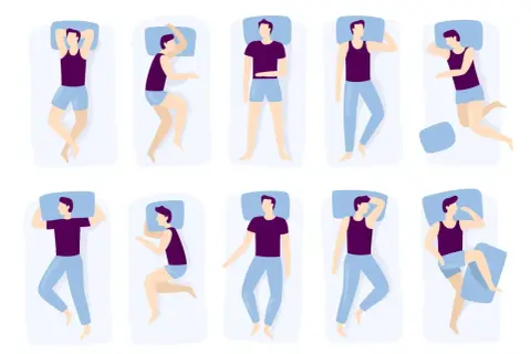 Illustrations of men in various sleeping positions. Some suggest the best sleeping position for heart palpitations involves side sleeping.