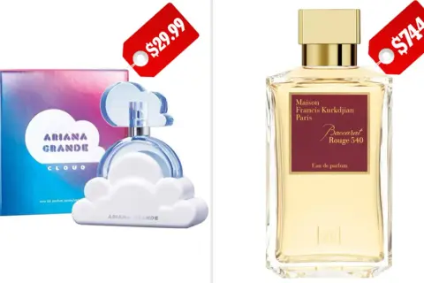 Ariana Grande Cloud za 29,99$ i jego droższy zamiennik Baccarat Rouge 540 za 744$.