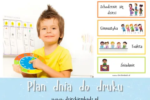 Chłopiec z zegarem planuje zajęcia w zerówce: gimnastyka, toaleta, śniadanie. Ile godzin trwają zajęcia w zerówce?