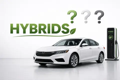 Vit tysk bil vid laddstation. Frågetecken ovanför texten "HYBRIDS".
