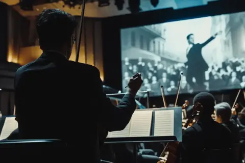 Conductor leads an orchestra playing music needed for film, with a silent movie projected behind them.