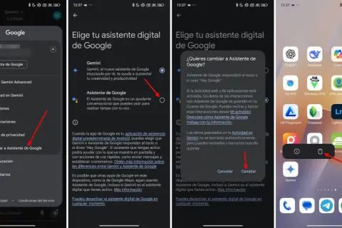 L'image montre comment désactiver l'assistant Google. On voit les options pour choisir entre Gemini et l'Assistant Google, puis une confirmation pour changer.