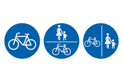 Drei blaue Verkehrsschilder: Fahrrad, getrennter Radweg markierung für Radfahrer und Fußgänger, und kombinierter Rad- und Fußweg.