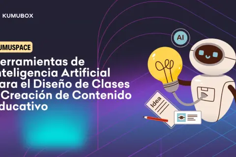 Un robot con una bombilla y un cuaderno de "Idea" representa la **ia educativa** para crear contenido.
