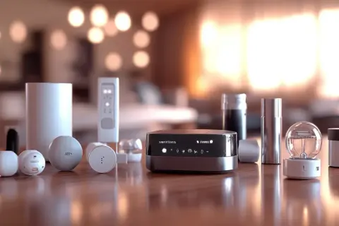 Le **SmartThings Hub** au centre, entouré de capteurs et d'une ampoule connectée, promet une maison intelligente simplifiée.