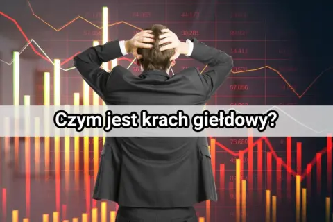 Mężczyzna w garniturze trzyma się za głowę na tle wykresów giełdowych.