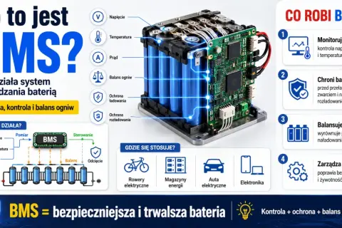 BMS to system zarządzania baterią, który monitoruje napięcie, temperaturę i prąd, chroniąc ogniwa przed uszkodzeniem. Zapewnia bezpieczeństwo i trwałość.