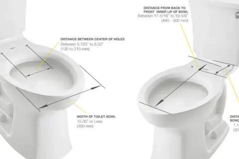 Diagram showing how to measure a toilet, detailing bowl width, distance between bolt holes, and distance from tank to bowl lip.