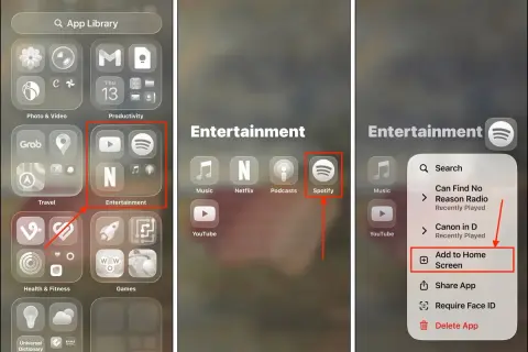Jak przywrócić odinstalowane aplikacje: znajdź Spotify w bibliotece aplikacji, wybierz "Dodaj do ekranu głównego".