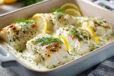 Ugnsbakad torskrygg i krämig sås med citron och dill. En perfekt innertemp för en saftig fiskrätt.