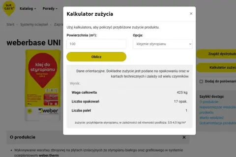 Kalkulator zużycia kleju do styropianu Weber. Oblicza ile wiader tynku na 200m2, podając wagę i liczbę opakowań.