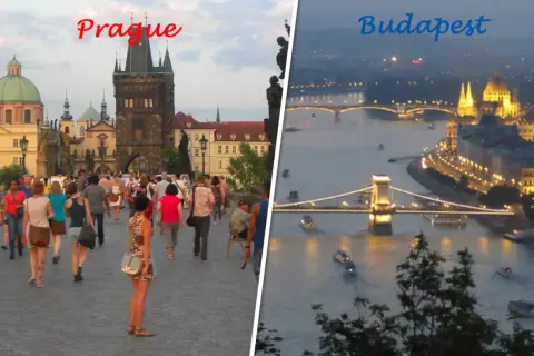 Vänster bild: Prag med Karlsbron och folk. Höger bild: Budapest med upplysta broar och parlamentsbyggnaden i kvällsljus.