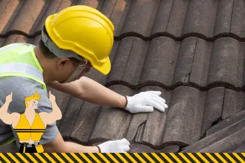Budowlaniec w żółtym kasku naprawia dachówkę. Potrzebny jest mocny klej do dachówek, by wszystko trzymało się jak należy.