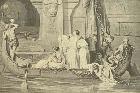 Scène de la mythologie grecque : Thésée, vainqueur du Minotaure, arrive en bateau. Des femmes pleurent, un taureau orne un monument.