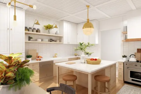 Ideas para como diseñar una cocina moderna y funcional: encimeras de mármol, gabinetes blancos, isla central y acentos dorados.