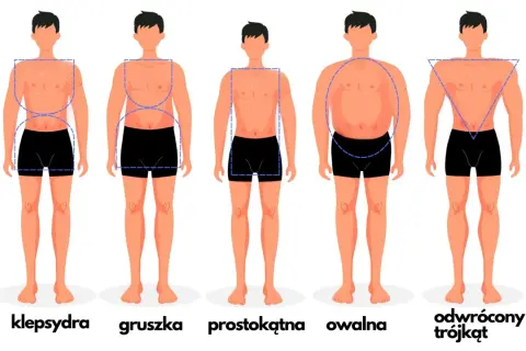 Ilustracja przedstawia pięć męskich sylwetek o różnych kształtach: klepsydra, gruszka, prostokątna, owalna i odwrócony trójkąt.