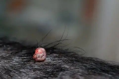 Widoczna brodawka u psa, różowa i lekko zaczerwieniona, wyrasta z ciemnej sierści.