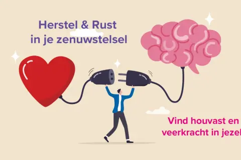 Man verbindt hart en brein met stekkers, symbool voor herstel en rust bij een overprikkeld zenuwstelsel. Vind veerkracht.